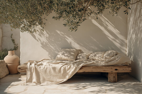 Cozy linen-covered bed sits beneath a lush olive tree, casting serene natural shadows. Inviting rustic outdoor setting perfect for summer relaxation or Mediterranean lifestyle scenes.