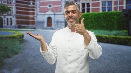 Man chef in white coat shows open palm and thumbs up in front of building; confidence culinary pride.