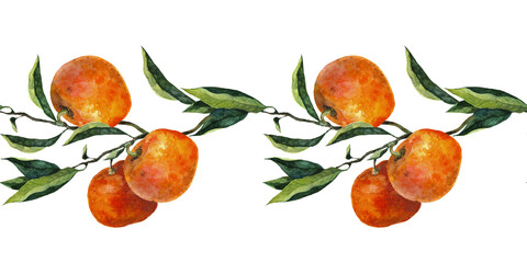 Watercolor border with ripe orange tangerines hanging on branches among green leaves. Seamless horizontal design perfect for packaging, labels, food branding and eco-friendly product decor.