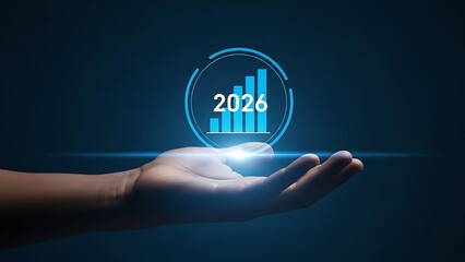 Hand holding glowing blue 2026 year bar chart graph future growth