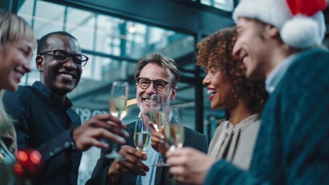 The corporate team is celebrating the first day of work after Christmas and New Year with wine and festive office decor, featuring a bright Christmas tree and holiday spirit.