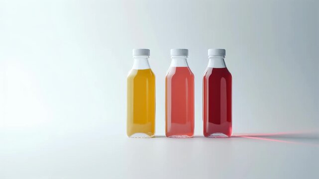 Three vibrant glass bottles of yellow, pink, and red juice on a white background being scanned by a laser beam, ideal for product mockups, branding, and health-focused ads
