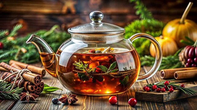 A glass teapot of hot herbal tea steeping with spices. Cozy winter scene with cinnamon, rosemary, and festive decorations. Warm holiday beverage concept with cinemagraph animation