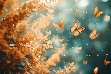 brown butterflies flying in the autumn landscape