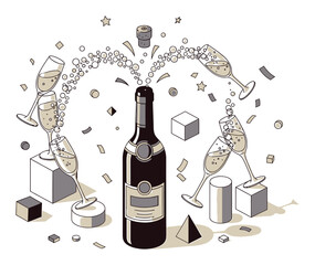 Isometric Wine Bottle Vector Illustration for Celebration, 3D Perspective Geometric Design, Modern Minimalist Style on White Background