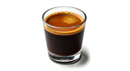 A shot of espresso in a clear glass cup on a white background