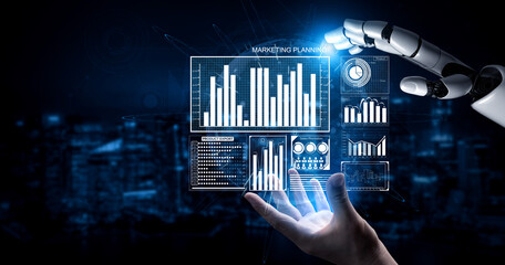 A robotic hand interacts with digital marketing data displayed on a screen, highlighting the fusion of technology and business insights in modern analytics. Impute