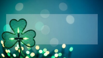 Glitter Clover and Fairy Lights on Bokeh Background &mdash; St. Patrick&rsquo;s Day Banner with Central Copy Space