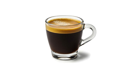 A clear glass cup filled with dark coffee and topped with creamy foam, placed on a white surface.