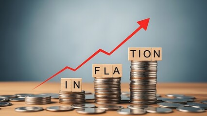 Stacks of coins with wooden blocks spelling inflation and red arrow graph money finance 1