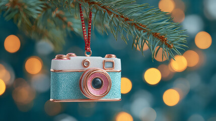 Glittery Retro Camera Ornament Hanging from a Christmas Tree Branch with Golden Bokeh