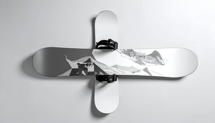 Two snowboards interlocked to create a plus sign against a clean, white background