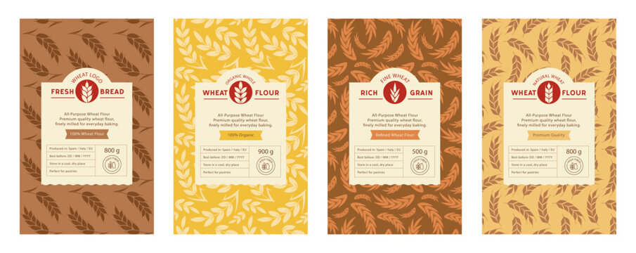 Bread Packaging Design Template Set with Wheat Patterns and Logos, Editable Vector Labels