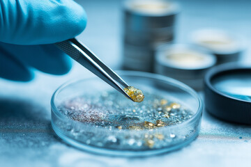 Microscopic examination of a precious metal ore sample held by tweezers over a petri dish in a science lab
