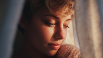 Intimate portrait of a thoughtful woman illuminated by warm light
