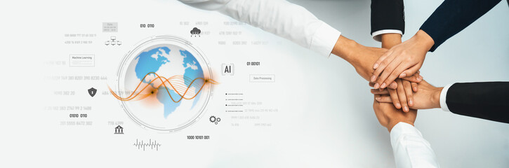 A group of diverse hands come together in a collaborative effort, symbolizing teamwork over a global digital landscape filled with infographics and data concepts. Trope