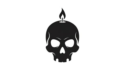Skull candle with burning flame, dark gothic symbol, black silhouette on white