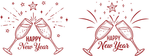 Happy new year celebration with clinking champagne glasses and stars
