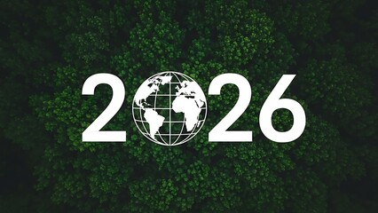 White globe and year 2026 text overlay on dark green forest canopy background earth world