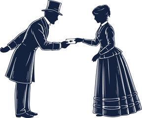 Victorian couple sharing gift silhouette on transparent background