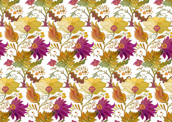 Fantasy flowers in retro, vintage, jacobean embroidery style. Seamless pattern, background. Vector illustration.