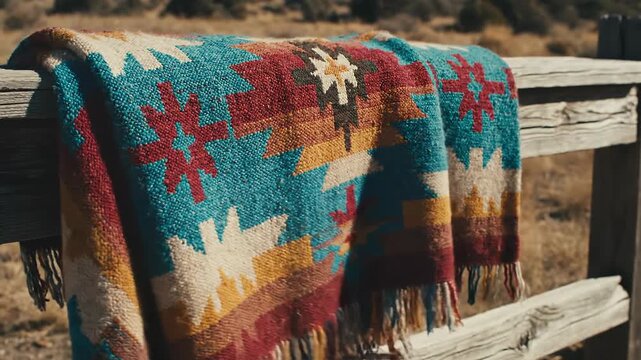 Colorful Woven Blanket Adorned on a Rustic Wooden Fence in Dry Landscape