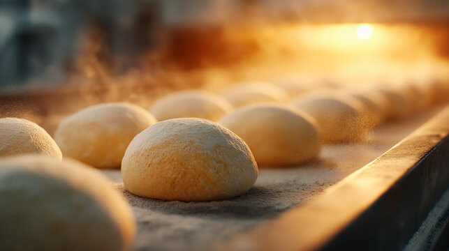Raw Bread Rolls Dusted with Flour Steaming in the Warm Glow of the Bakery Oven - Powered by Adobe