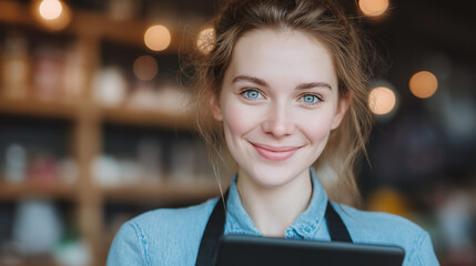 Cheerful young woman wearing an apron and holding a digital tablet in a warmly lit cafe
