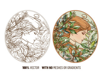 Vintage hand drawn portrait of a woman surrounded by leaves and floral lines. Perfect for packaging, prints, or retro art. 100 percent vector, no gradients or meshes.