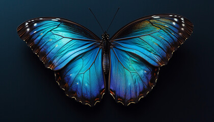 Close-up of brilliant blue morpho butterfly resting on dark textured surface. Intricate wings display vibrant patterns, delicate veins