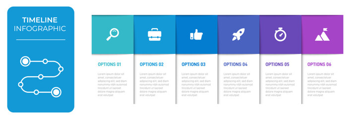 Progress bar featuring 6 arrow-shaped elements, symbolizing the six stages of business strategy and progression. Clean timeline infographic design template. Vector for mobile presentation.