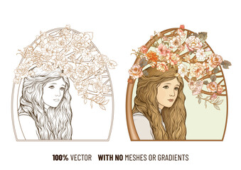 Stylized portrait of a girl with a leafy tree canopy. Hand drawn vector illustration ideal for art prints, posters, or packaging. 100 percent vector, no mesh or gradient.