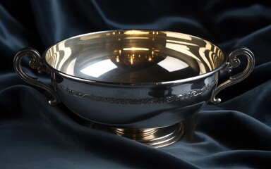 Elegant silver bowl with gold interior and ornate handles on dark fabric