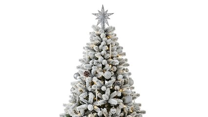 Festive flocked Christmas tree with star topper and ornaments