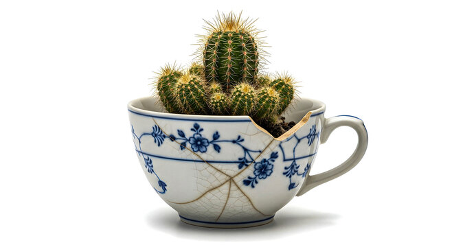 A small, spiky cactus thrives in a beautifully mended, vintage ceramic teacup, symbolizing resilience, growth, and the unique beauty found in imperfection and repair