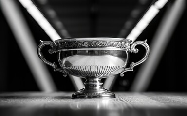 A beautiful silver trophy cup on a table with spotlight shining on it