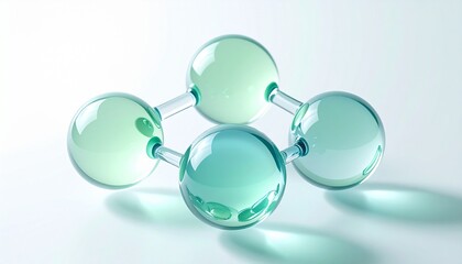 高保湿スキンケアを想起させる水色とグリーンの美容分子 透明な水滴分子の科学的イメージ ジェネレーティブAI