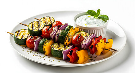 Colorful Vegetable Skewers with Dip on a White Plate