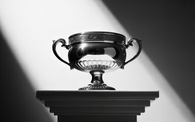 A shiny silver trophy cup on a pedestal with dramatic lighting effects