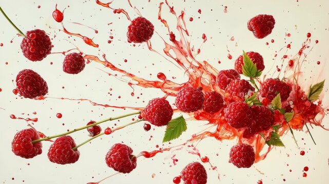 Dynamic burst of fresh raspberries with juice splashing in slow motion
