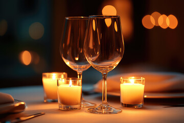 two glasses of champagne on the table next to romantically burning candles