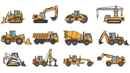 Illustration of various construction vehicles for infrastructure, road works, and building projects, vector set