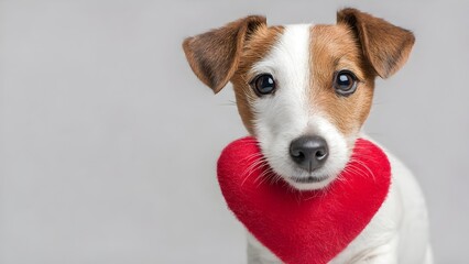adorable puppy holding red heart expressing unconditional pet love and loyalty