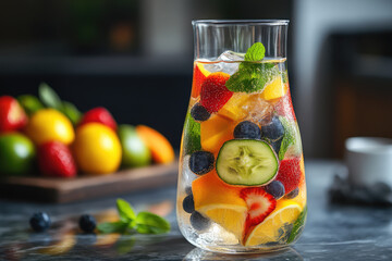 a glass container on the table filled with water, sliced fruit, berries and mint