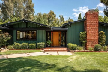 Obraz premium Sunny day at a modern house with a green exterior and brick chimney, surrounded by trees and a lawn, showcasing an inviting entrance with wooden doors