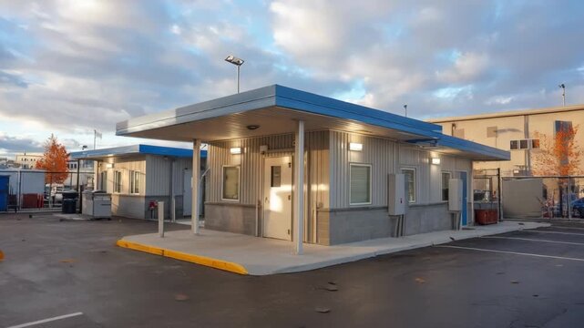 Medium shot of shelter exterior featuring multiple security measures including cameras lighting and access control devices reinforcing overall resident protection.