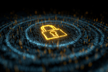A glowing yellow lock symbol is on a blue background
