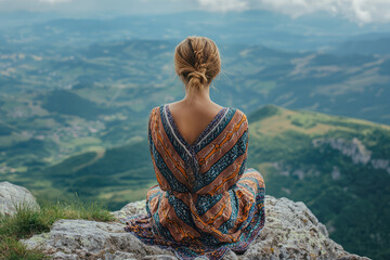 a girl sitting with her back to the mountain peak and lookin at the landscape below
