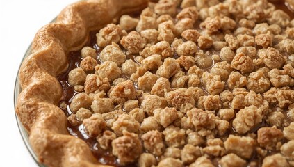 Closeup of freshly baked apple crumble pie with golden flaky crust and buttery oat streusel topping for autumn dessert