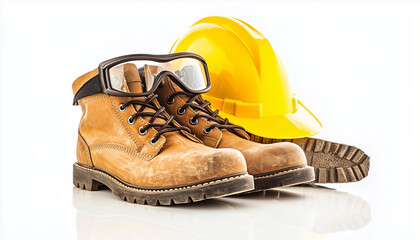 Protective gear for construction work. Yellow hard hat and brown work boots represent safety and job security. Construction helmet and
